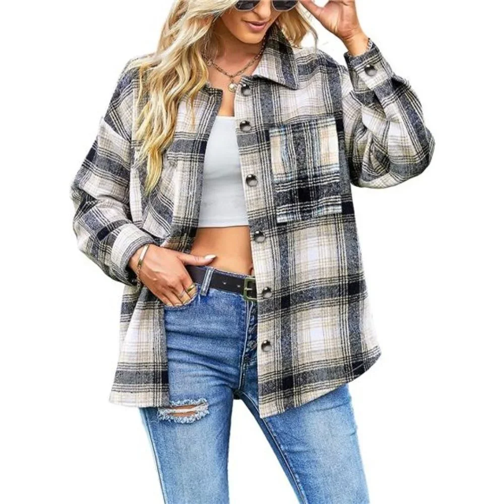 Navy Plaid Printed Flannel Button Up Shacket‎ Jacket Coat Thick Long Sleeve Top - Picture 5 of 6